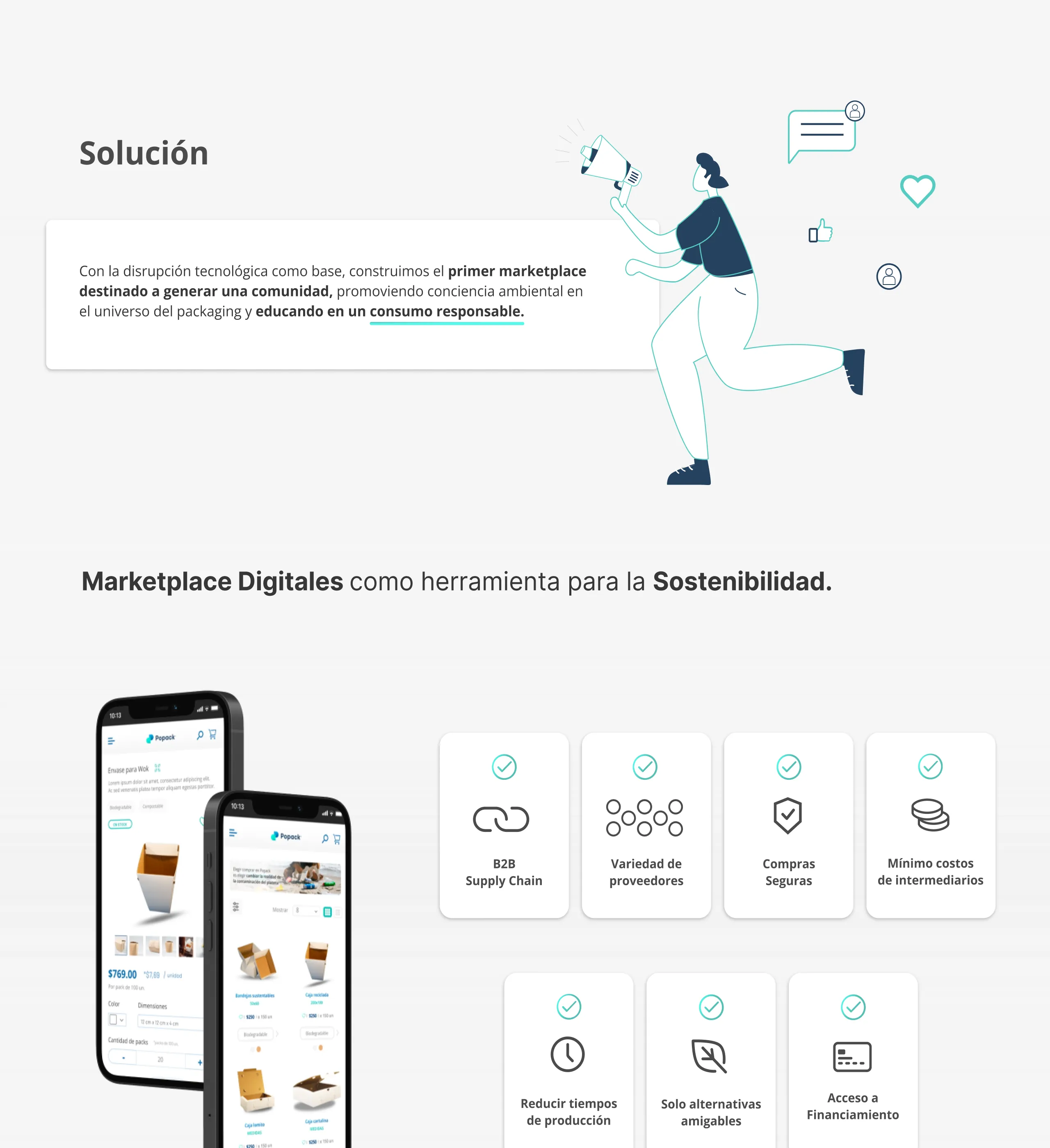 Marketplace digitales como herramienta para la sostenibilidad: B2B supply chain, variedad de proveedores, compras seguras, mínimo costo de intermediarios, reducir tiempos de producción, solo alternativas amigables y acceso a financiamiento. Nuestro compromiso con los ODS: 9 Industria, innovación e infraestructura; 12 Producción y consumo responsable; 13 Acción por el clima; 17 Alianzas para lograr los objetivos.