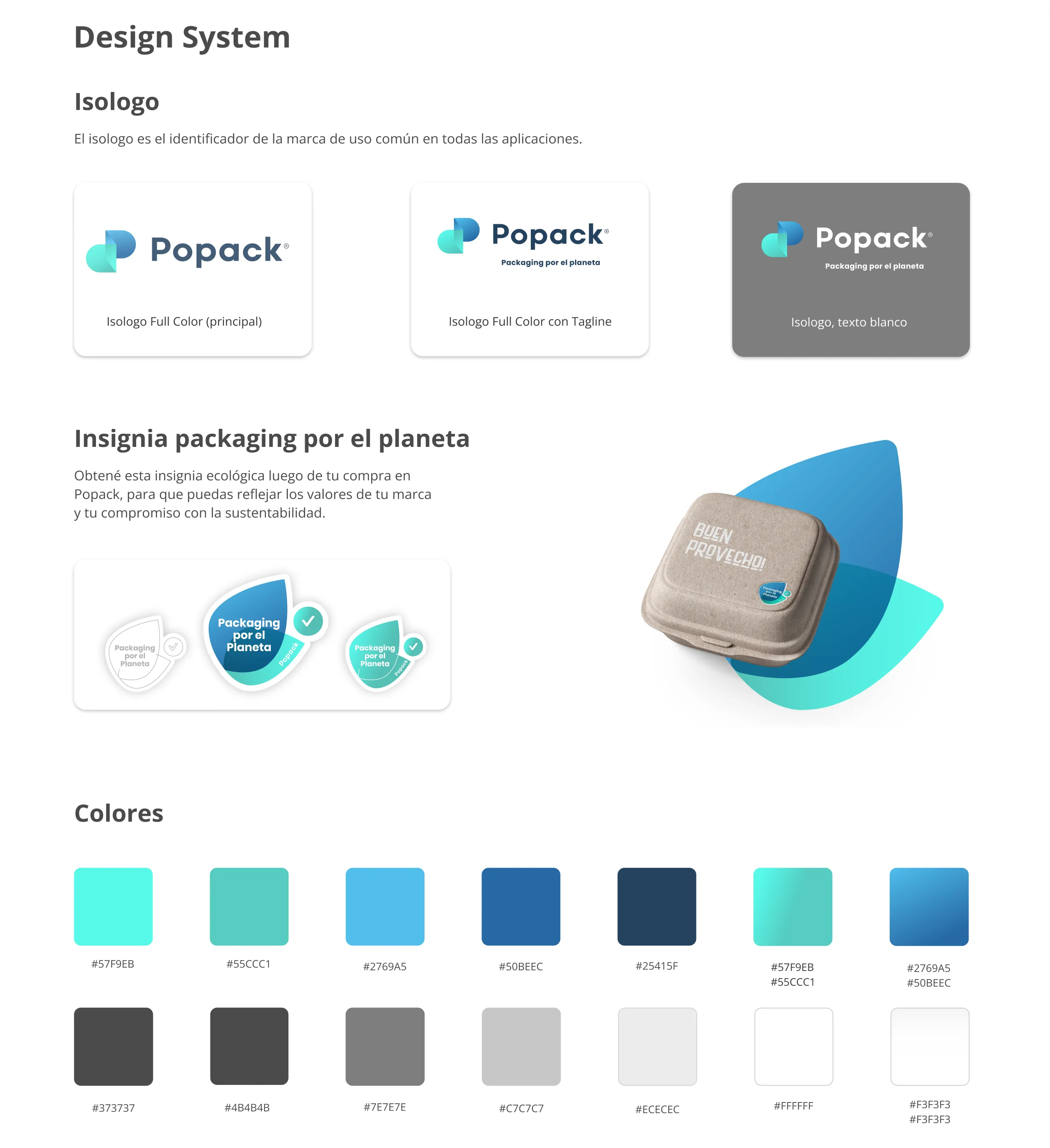 Insignia packaging por el planeta y paleta de colores: #57F9EB, #55CCC1, #50BEEC, #2769A5, #25415F y neutros.