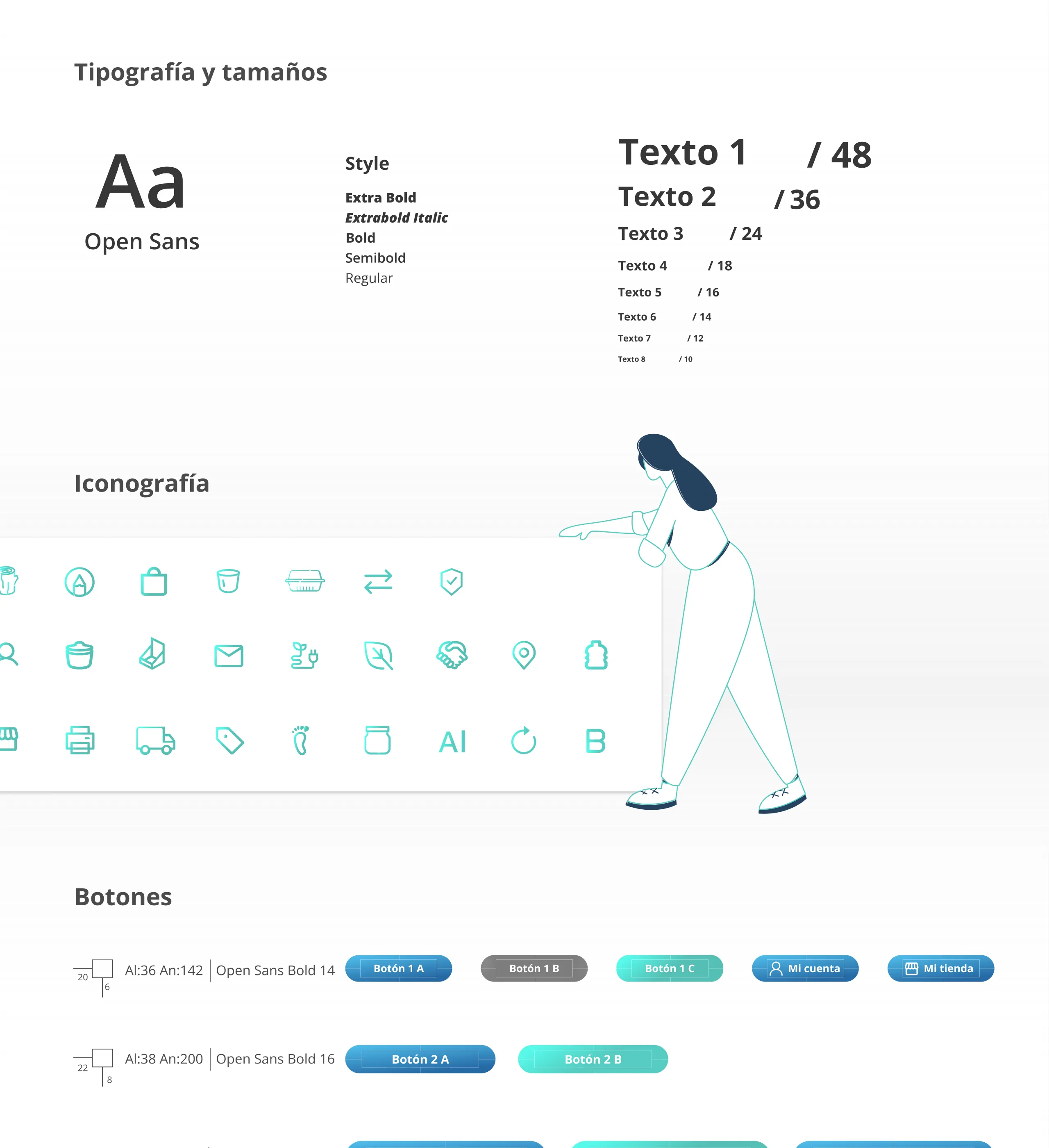 Tipografía y tamaños con Open Sans, iconografía y botones del sistema.