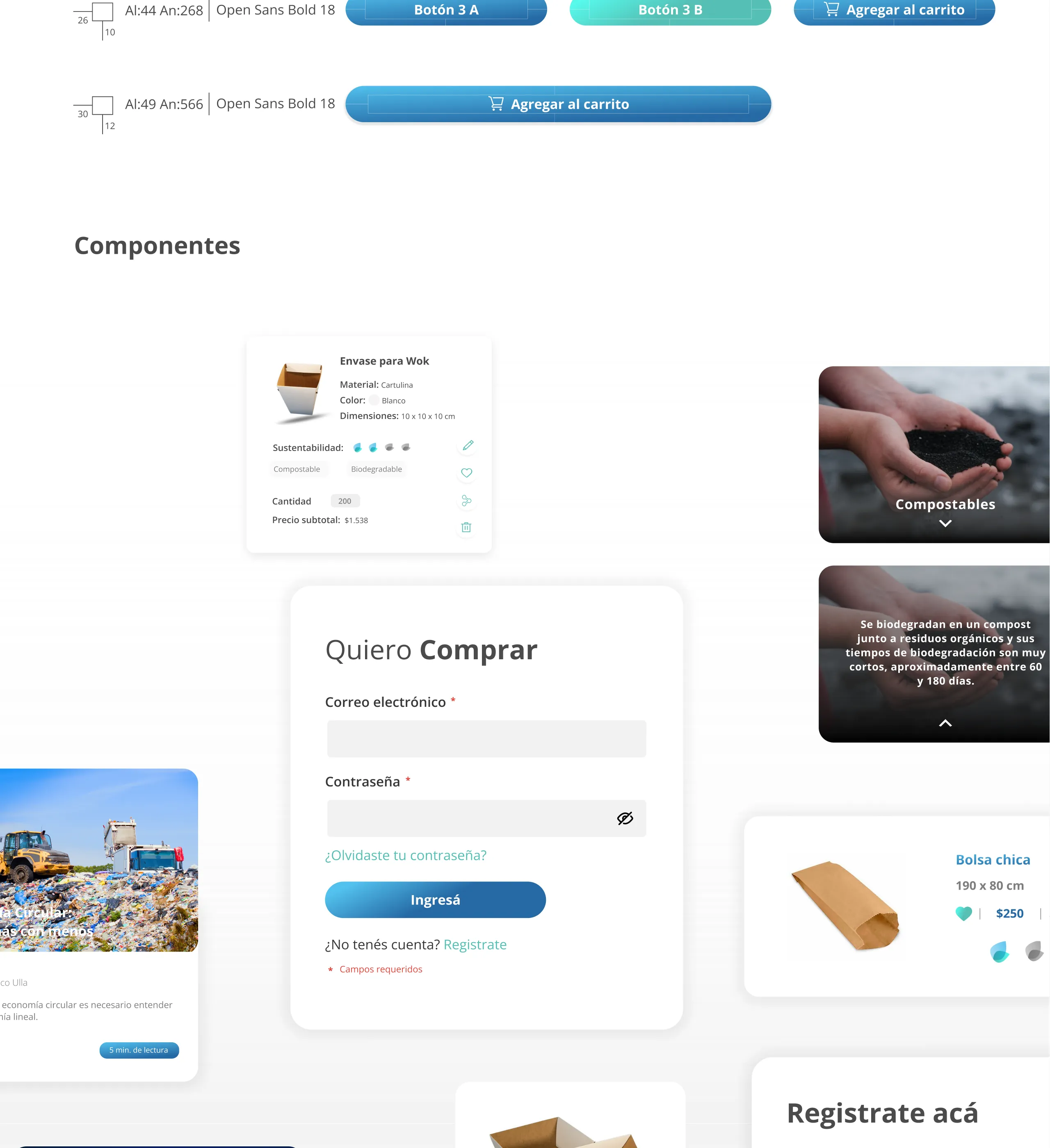Componentes: tarjetas de producto, formulario Quiero comprar, formulario de registro y tarjetas de contenido.