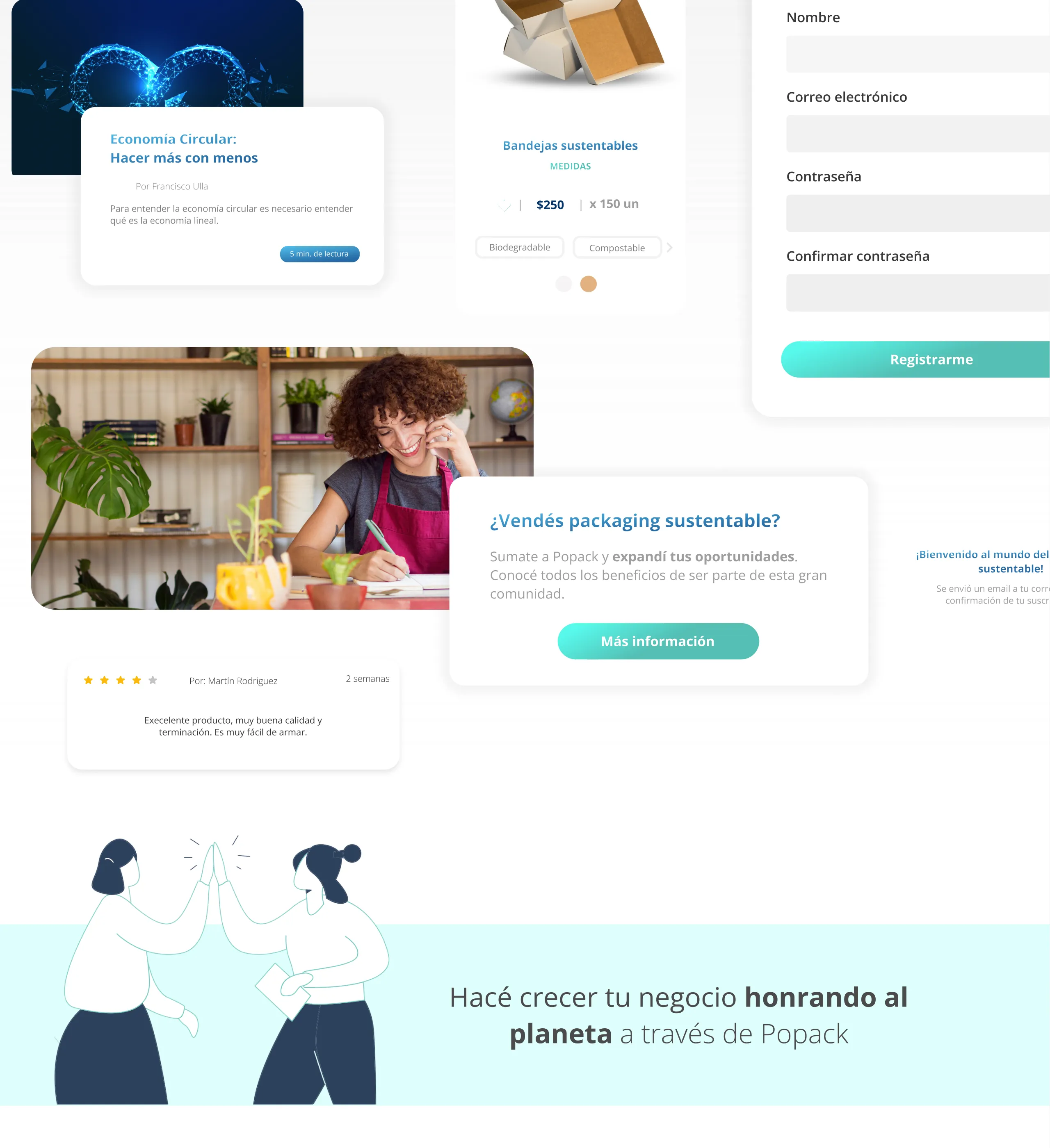 Más componentes: invitación a vender packaging sustentable, reseñas y mensajes de confirmación. Hacé crecer tu negocio honrando al planeta a través de Popack.