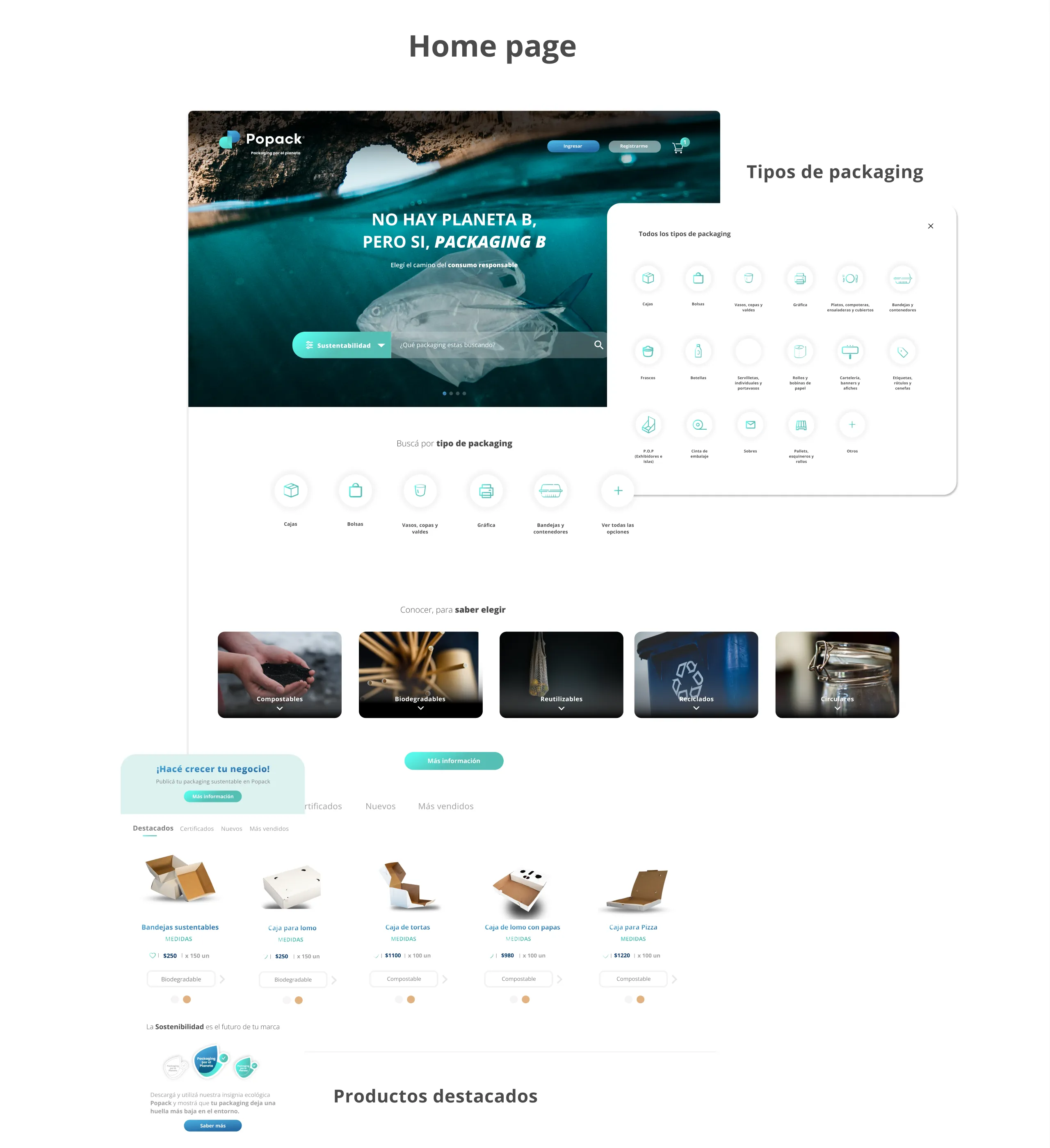 Home page: portada con buscador por tipo de packaging, categorías, productos destacados y insignia. Dashboards del vendedor y del comprador.