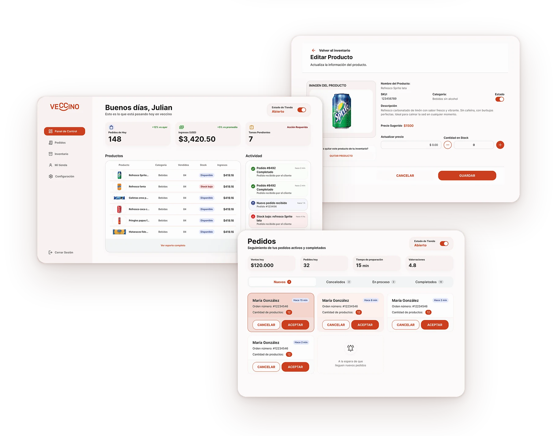 Panel del comercio: inicio, edición de producto y pedidos