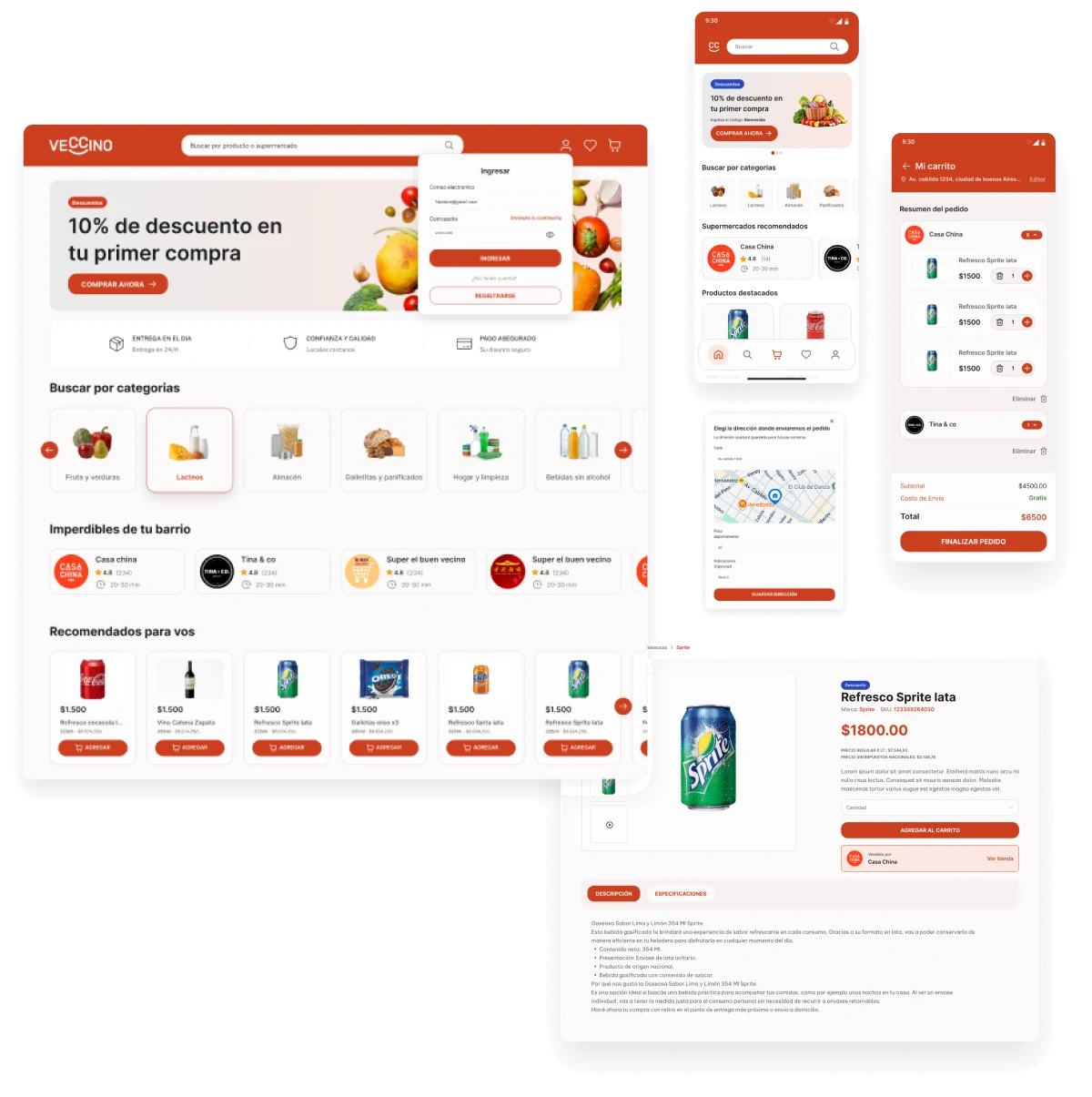 Pantallas del perfil consumidor: home, carrito, mapa y detalle de producto