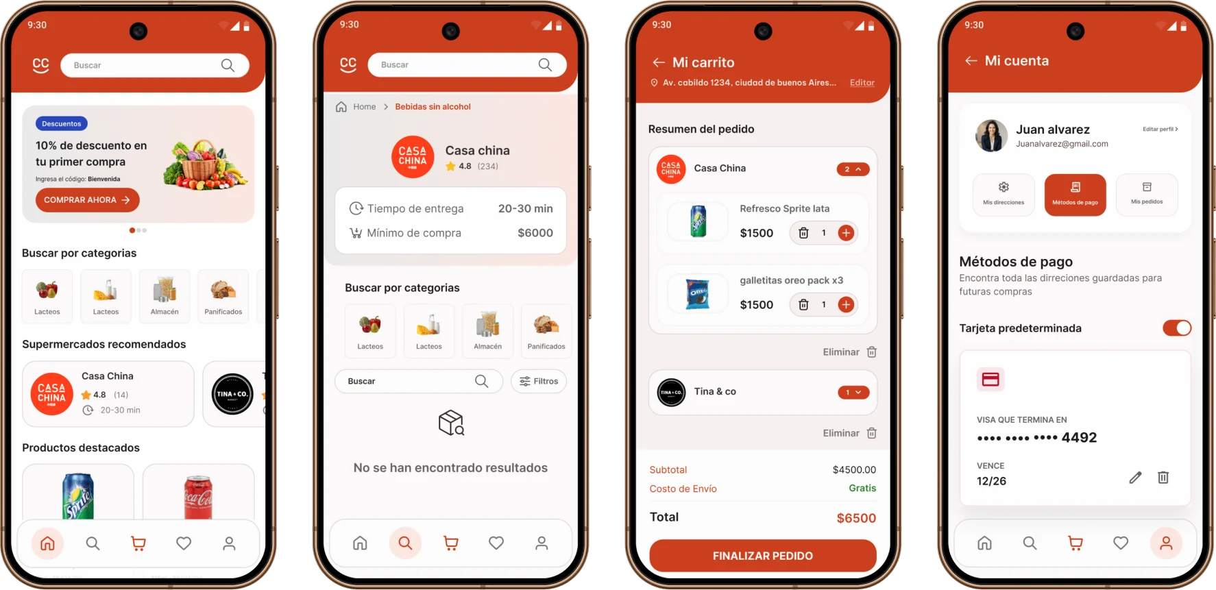 Cuatro pantallas de la app: inicio, búsqueda, carrito y mi cuenta