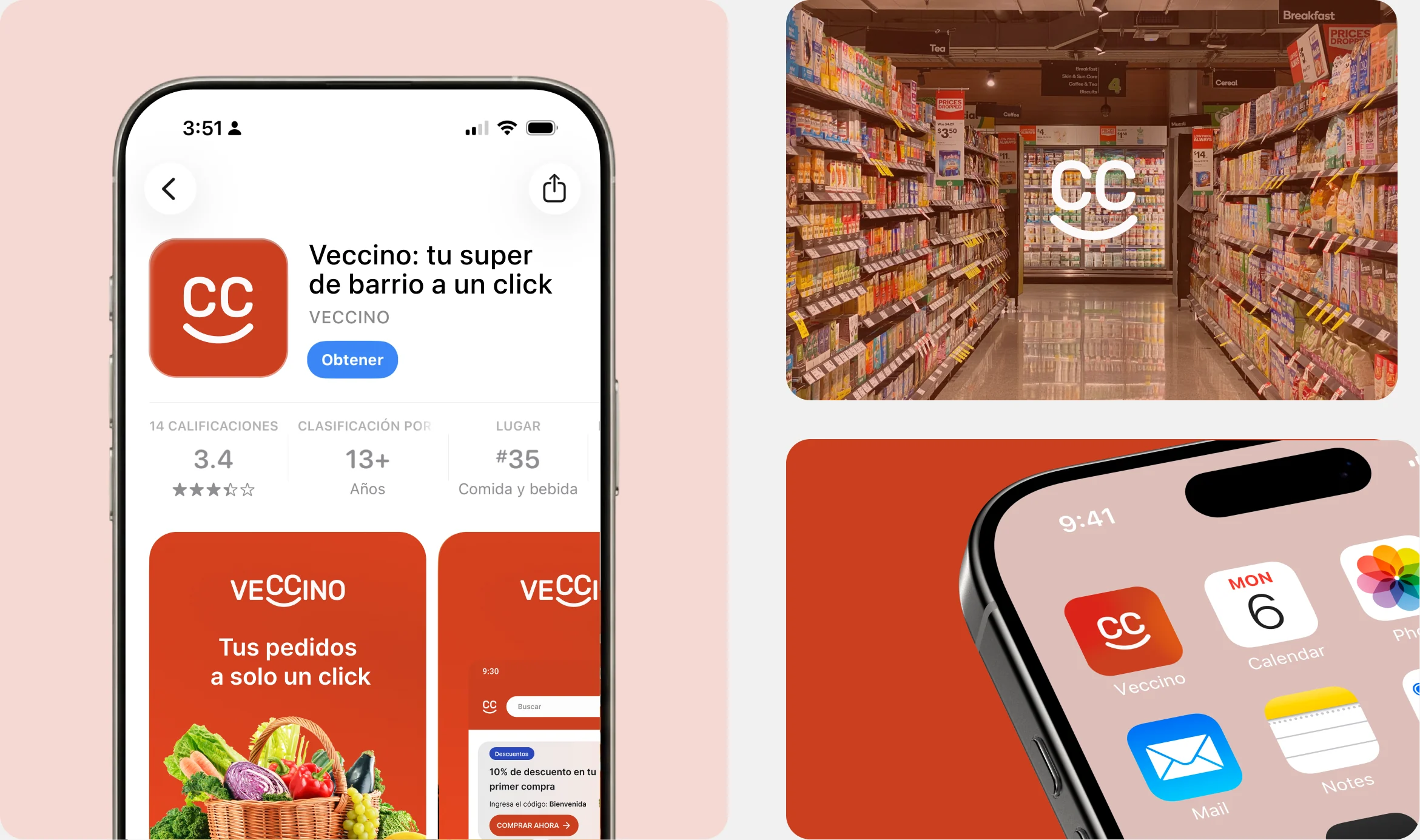 App de Veccino en la tienda de aplicaciones, góndola de supermercado con el isotipo y ícono de la app en un celular
